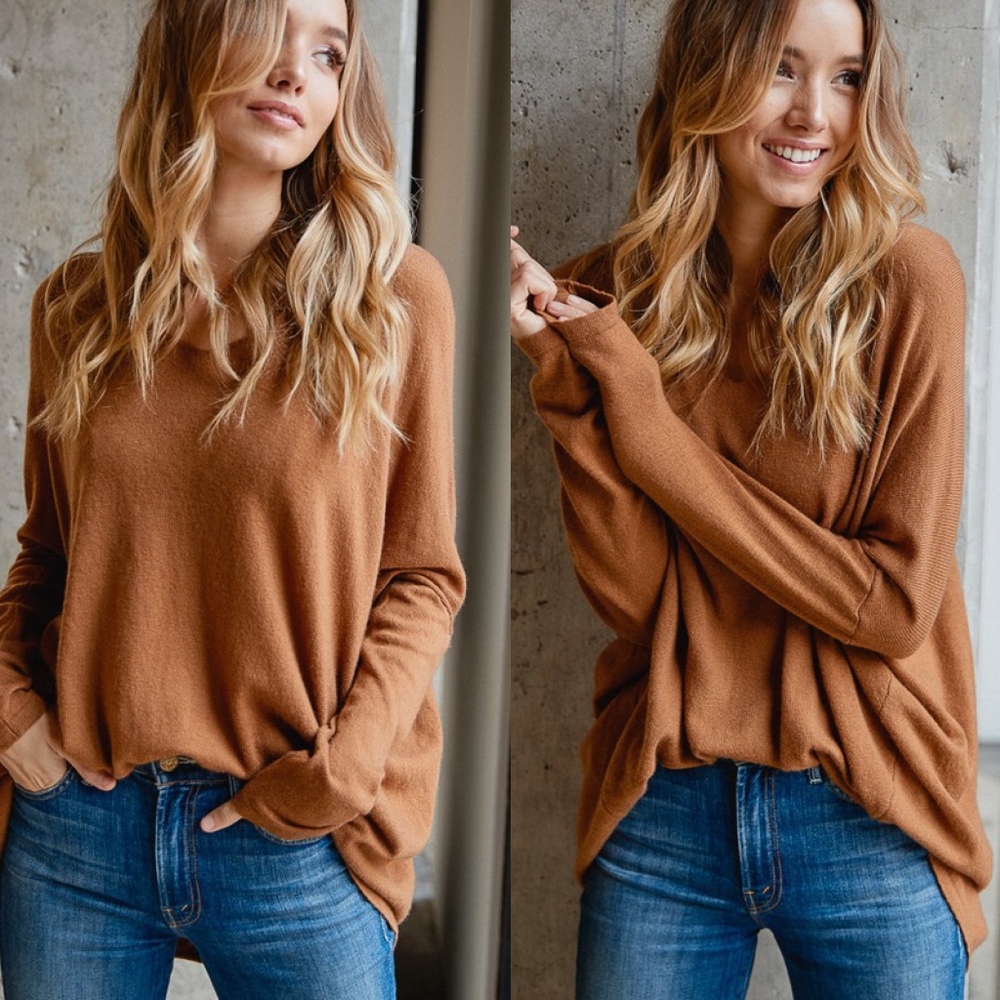 Cozy Camel V neck Oversized Sweater Top - Picture 1 of 4